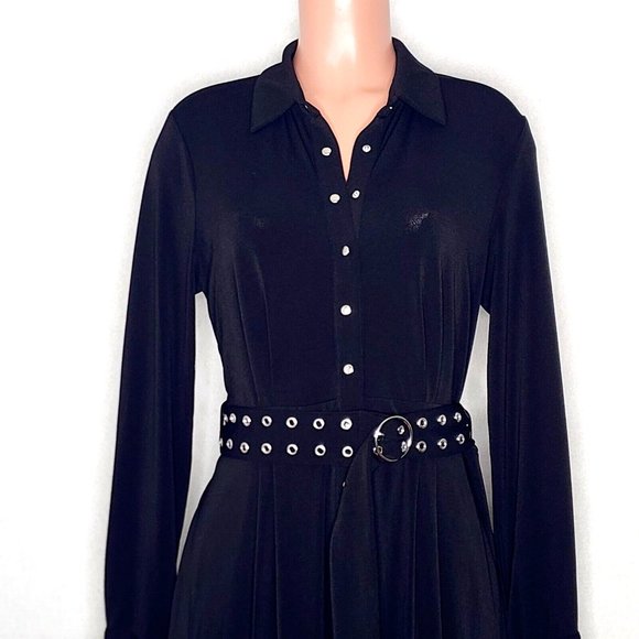 T Tahari Black Midi Shirtdress Jersey Knit Grommet Belt Snaps - Picture 3 of 11